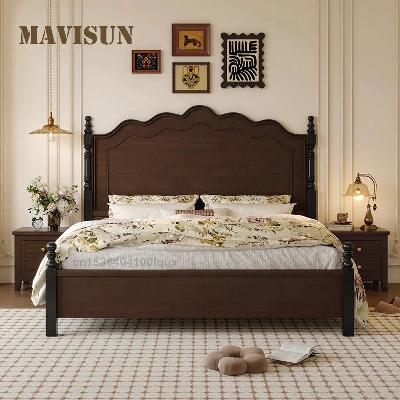 

Vintage Classical Wooden Scalloped Headboard Bedroom Double Bed Solid Wood Bed Frame Timeless Style 1.8m Two People Large Bed