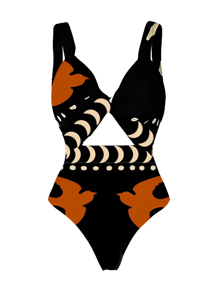 2024 Hollow Out Print Swimsuit Women One Piece V Neck Swimwear Female Beachwear Bathers Bathing Swimming Swim Suit