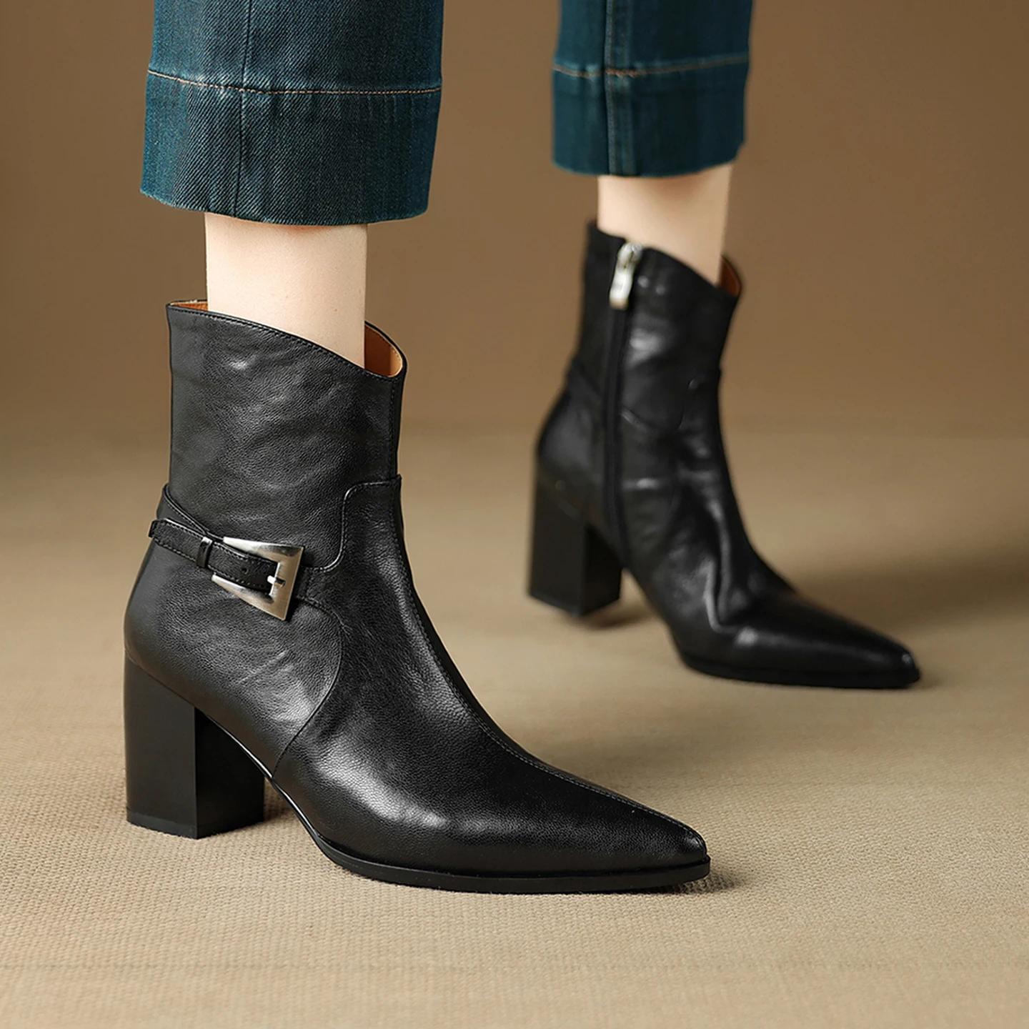 Bottines courtes en cuir naturel pour femme, grande taille 22-25cm, en peau de mouton, bout pointu, fermeture éclair latérale, à la mode, nouvelle collection automne hiver 2026