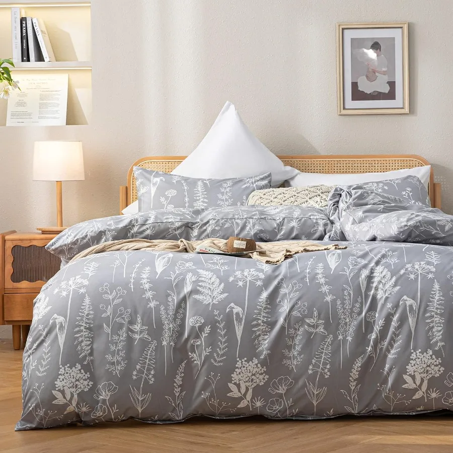 

3 Pieces Queen Size Floral Duvet Cover Set with Botanical Print on Gray Background Soft Touch Bedding with Zipper Closure and 4