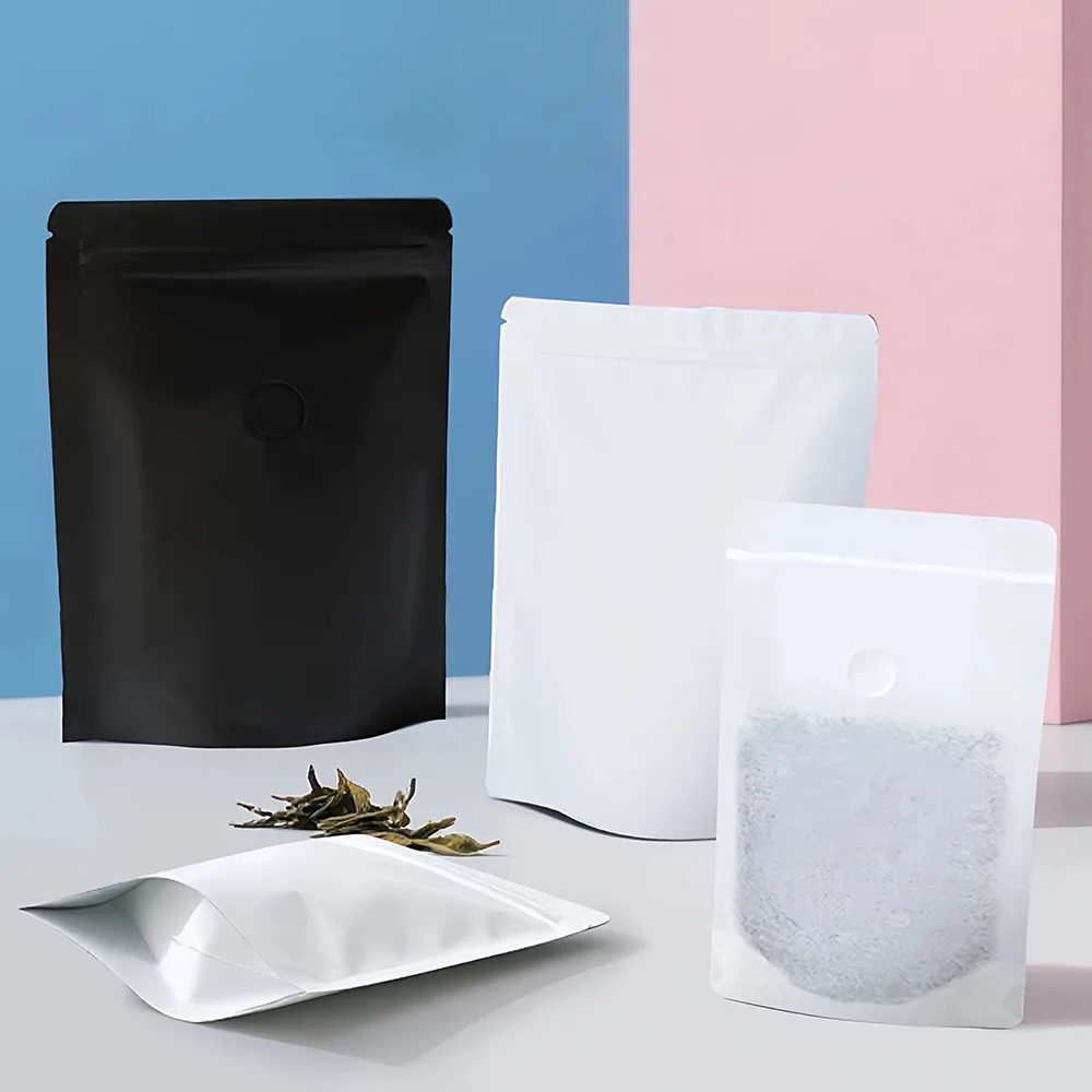 50pcs White Cotton Paper Coffee Bean Bag with Valve 100g 250g 500g 1kg Tea Nut Powder Food Mylar Packaging Storage Bag