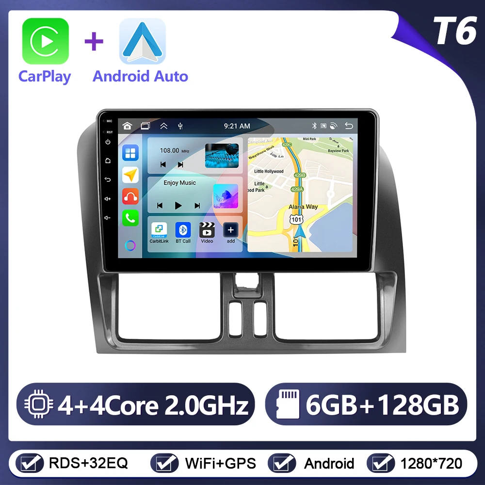 Podofo Draadloze Carplay Android Auto Radio voor VOLVO XC60 2008-2013 Auto Intelligent Systeem 6 + 128G WIFI GPS Navigatie Autostereo - afbeelding 1