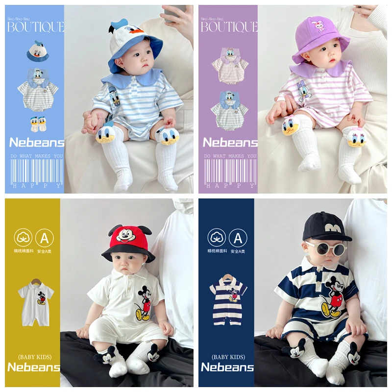 

Newborn Baby Boy Romper+Sock+Hat 3 Pc Set Cartoon Mickey Donald Print Girl Cotton Sailor Collar Clothes Jumpsuit Infant Bodysuit