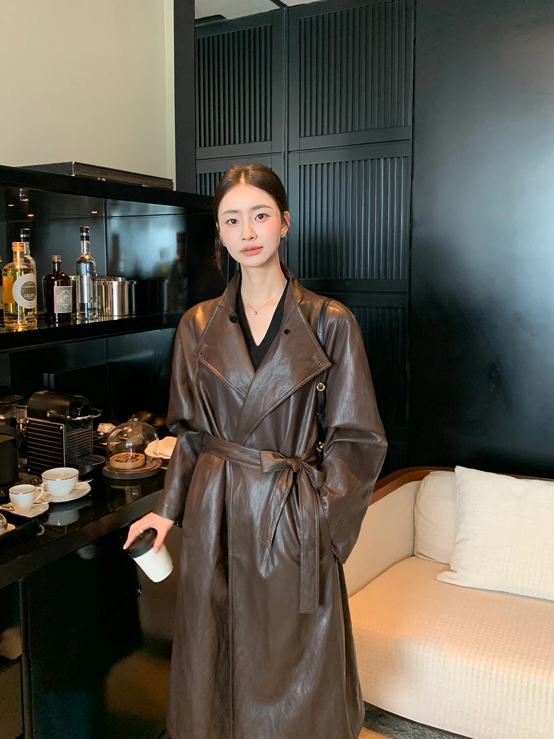 Ele vintage couro pu jaet feminino cintura costurando casaco longo casual sle facionable gola corta-vento de comprimento médio