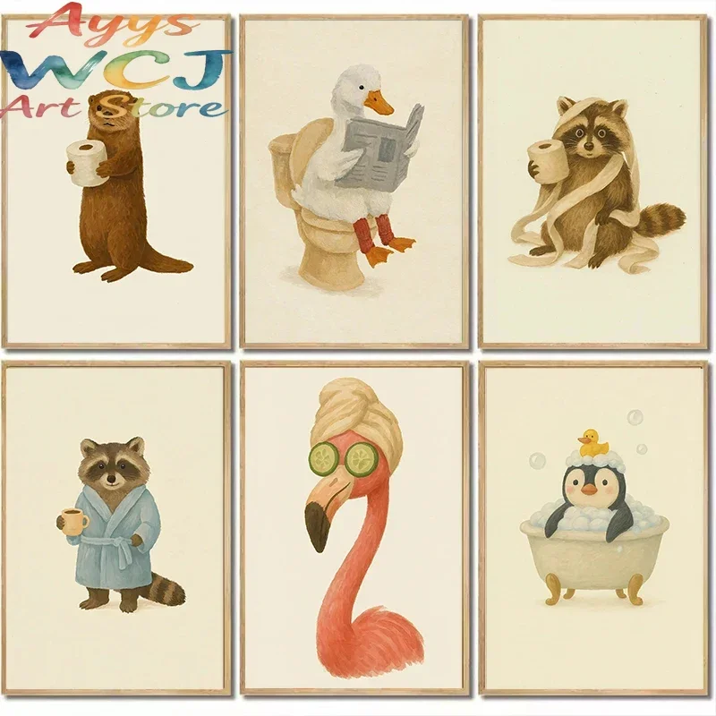 Cute Bathroom Animal Poster Cute Animal Bubble Bath Wall Art Kids Funny Toilet Paper Animal Print Nursery Bathtime Bath Poste