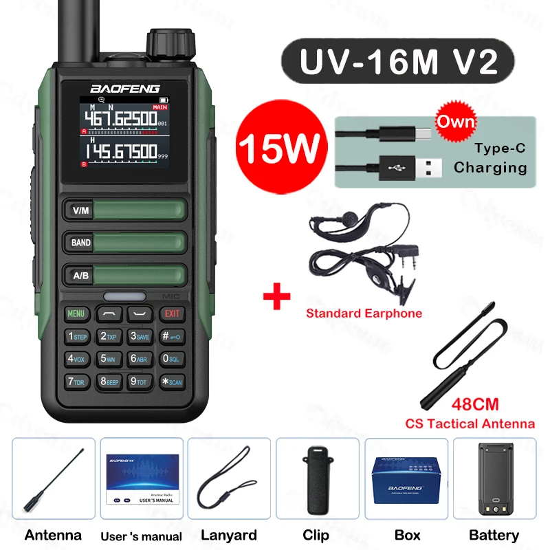 Upgrade Baofeng UV16M V2 Walkie Talkie 15W Hoge capaciteit AM FM 2-weg radio Volledige band LCD 999CH Frequentie Kopie NOAA Ruisonderdrukking