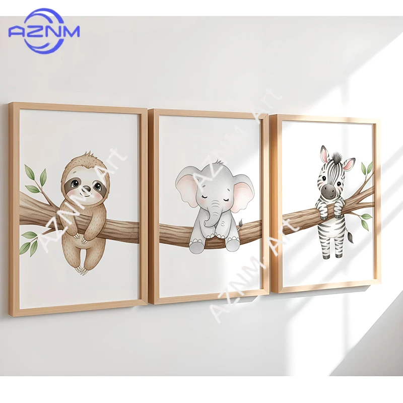 Niedliche Tier-Wandkunst-Poster: Faultier, Elefant und Zebra mit Baum, Leinwanddrucke für Kinderzimmer, Schlafzimmer-Dekoration