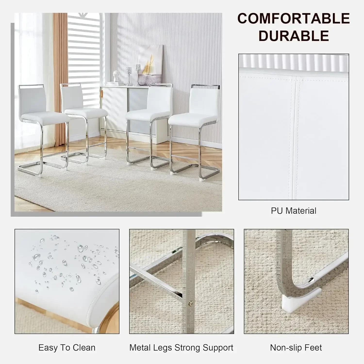 Bar Stools Set of 4,Counter Height Bar Stools with Backs,White PU Kitchen Chairs with Chrome Plated Metal Leg.Upholstered Chair