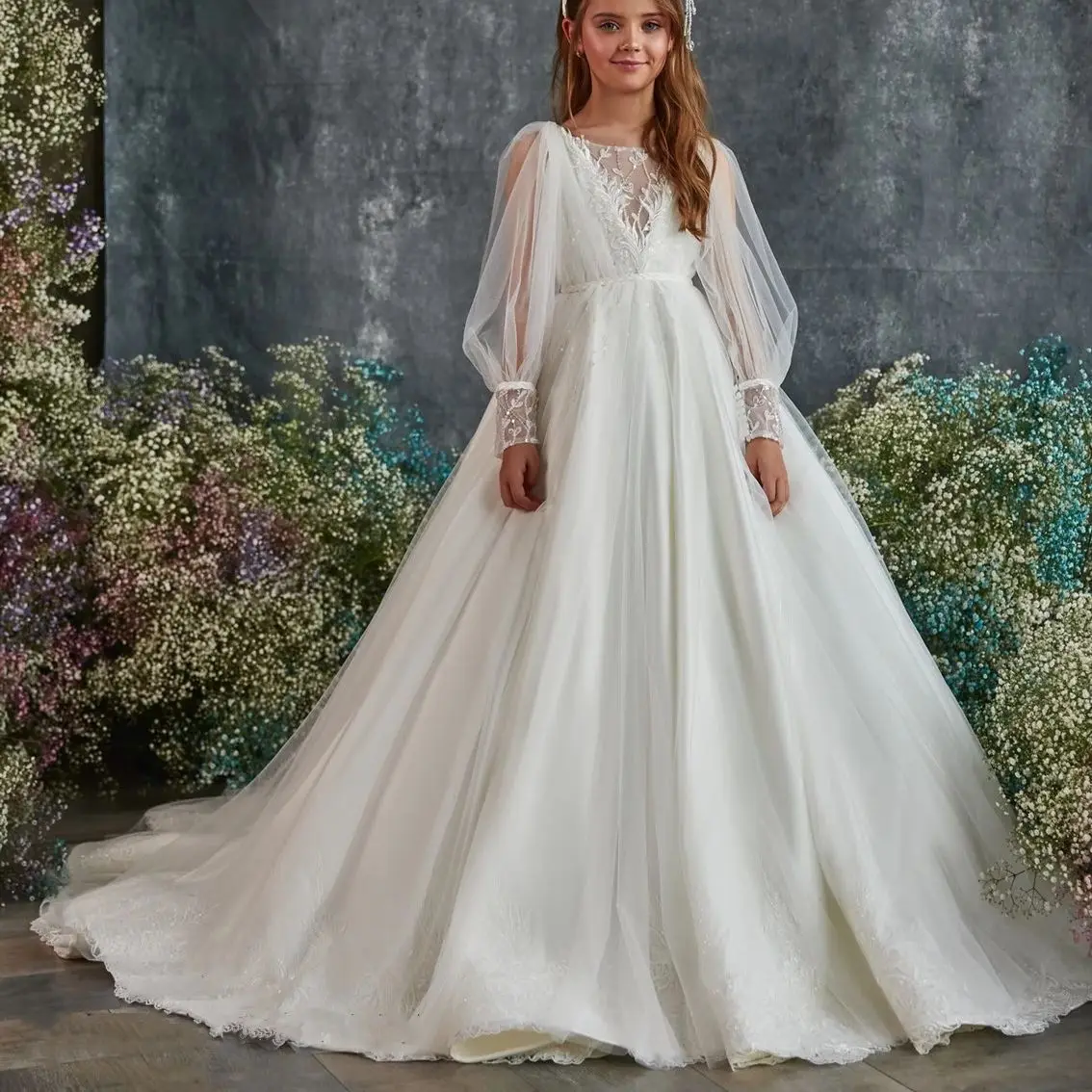 

Beloving Fashion Lace Satin Pageant Dresses With Long Sleeves A-Line Flower Girl Dress for Wedding Kid Pageant Gowns Custom Made