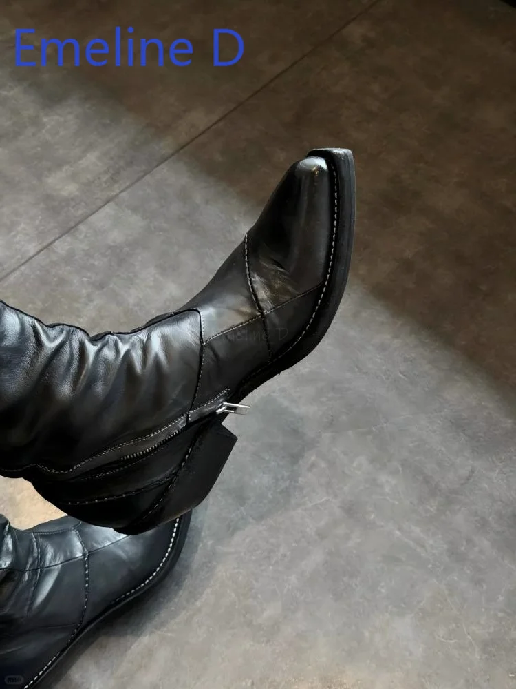 Round Toe Pleated Pointed Chelsea Boots Diagonal Zipper Black Vintage Motorcycle Boots Stitched Design Leather Short Boots