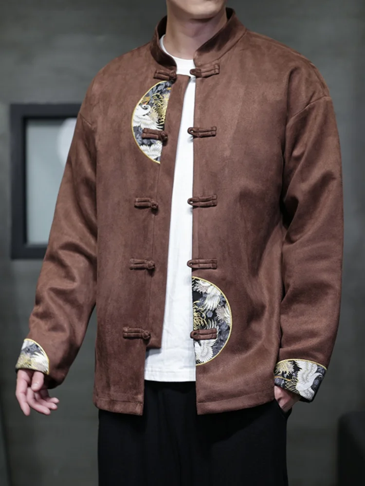 

Мужская замшевая куртка для весны и осени, модная, с вышивкой, на пуговицах, в стиле Ханьфу, дышащая, с длинными рукавами