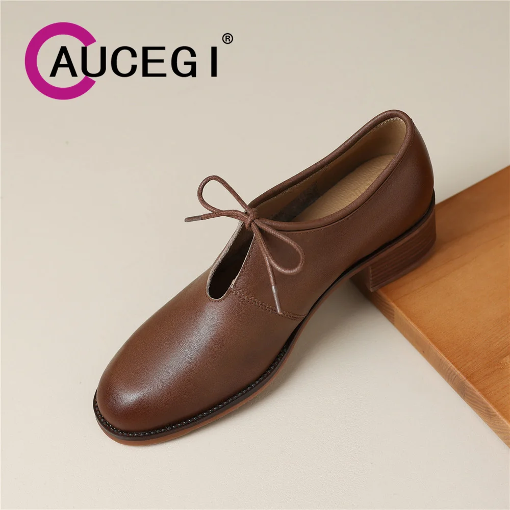 

Aucegi 2023 New Designers Classic Style Pumps Lace Up Round Toe Office Ladies Chunky Heel Genuine Leather Handmade Shoes Brown