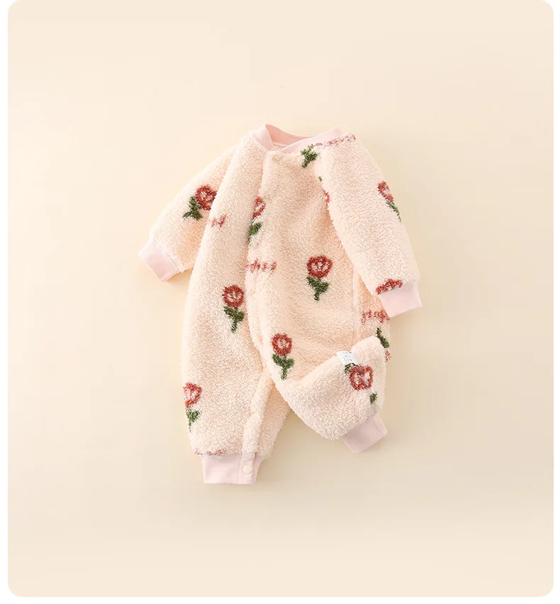 2026 Jungen Mädchen Winter Frühling Overall 0-24 M Neugeborenen Fleece Gefüttert Langarm Onesie Infant Cartoon Print Weiche warme Baby Strampler – Detail 3