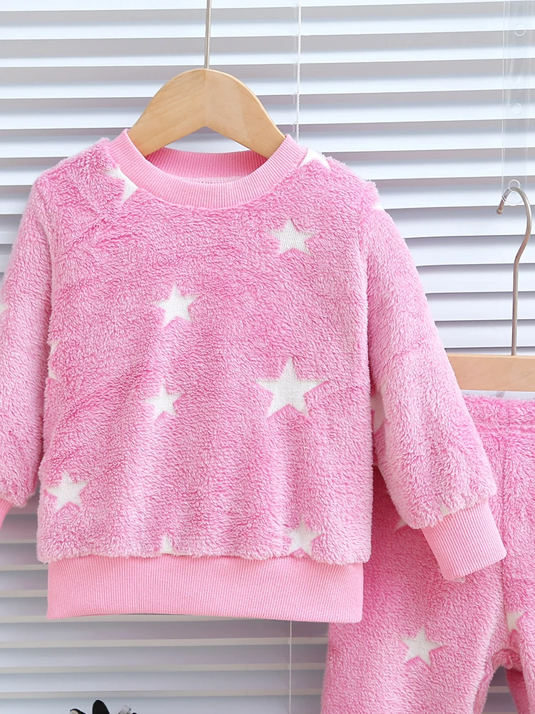 2pcs baby girl autumn and winter night glow star pattern plush thick long sleeved top and pants Chid Accessories