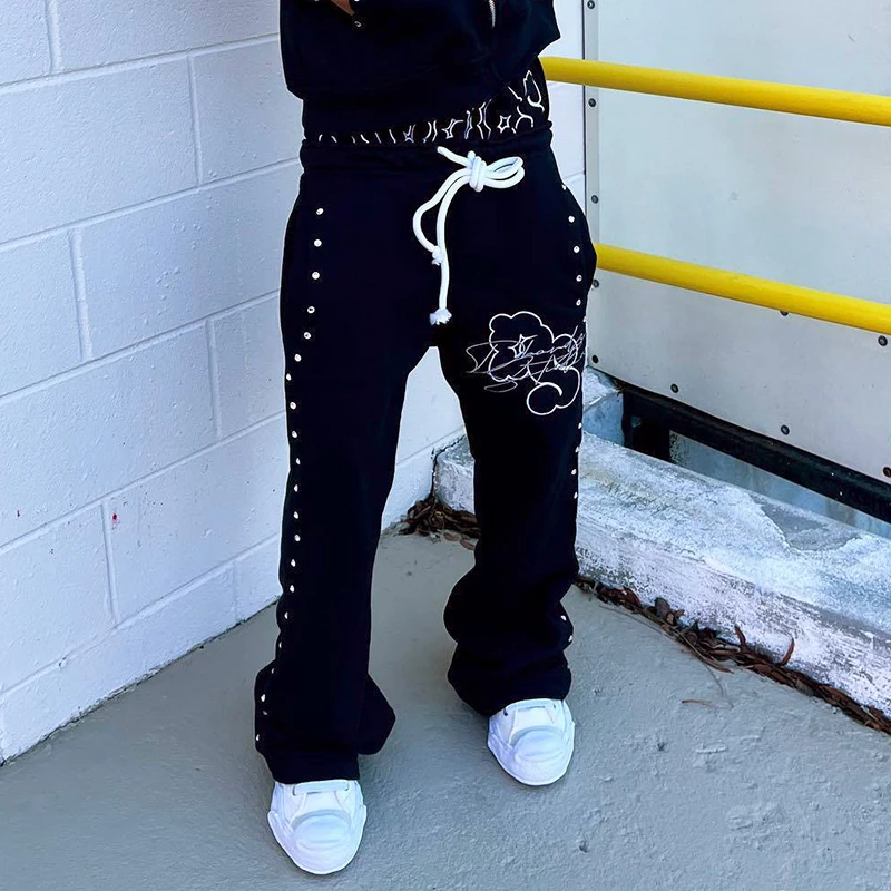 

Новые весенние американские брюки с индивидуальным уличным принтом и стразами, имитация двухслойности, повседневные брюки с двойным поясом