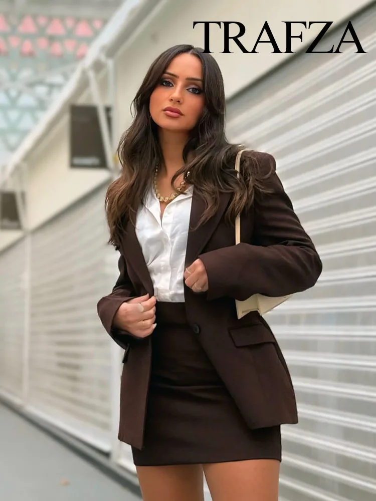 TRAFZA Spring Fashion Women Suits Brown Turn-Down Collar Long Sleeves Single Breasted Blazer+High Waist Zipper Skirt Female Sets