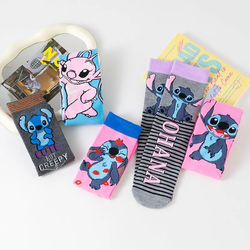 5 Pasang Kaus Kaki Disney Stitch Kartun Lucu Rajutan Setinggi Paha Unisex Hip Hop Street Fashion Gaya Anime Hadiah
