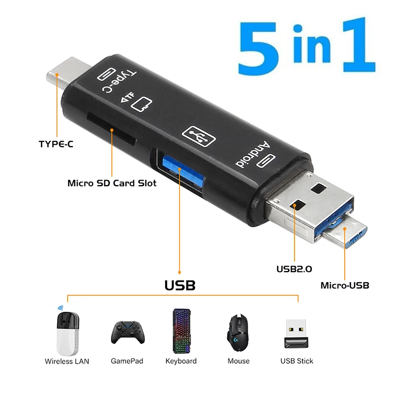 5 In 1 Multifunction OTG Micro Reader Flash Drive USB SD TF Memory Card Reader Type C Smart Cardreader Type Micro USB 2.0 Adapte