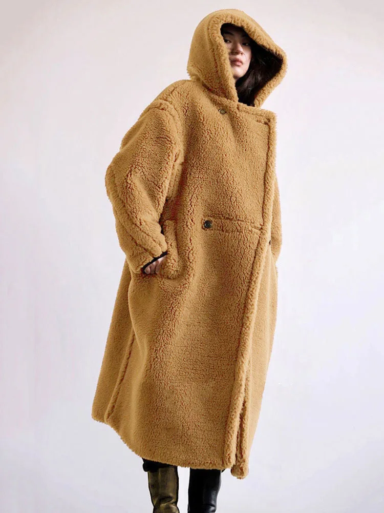 DEAT Fashion Women\'s Faux Fur Coat Hooded Loose Single Button Long Sleeve Solid Color Thick Warm Jackets Winter 2024 New 7AB5031