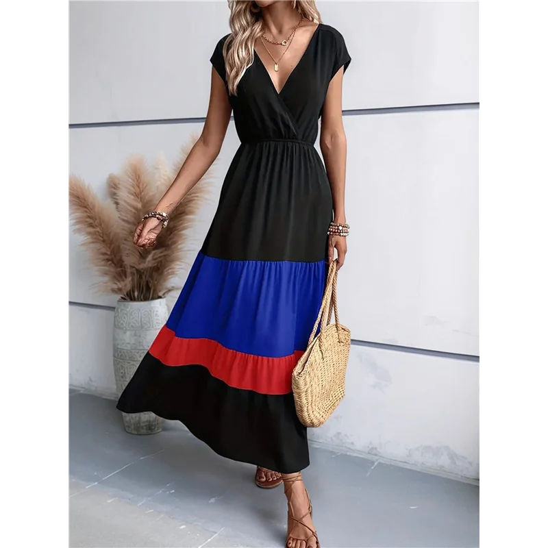 ABP-レディース パーティー カラーブロック ドレス ハイウエスト 半袖 マキシ V ネック ドレス カジュアル シャーリング フリル ヘム ドレス