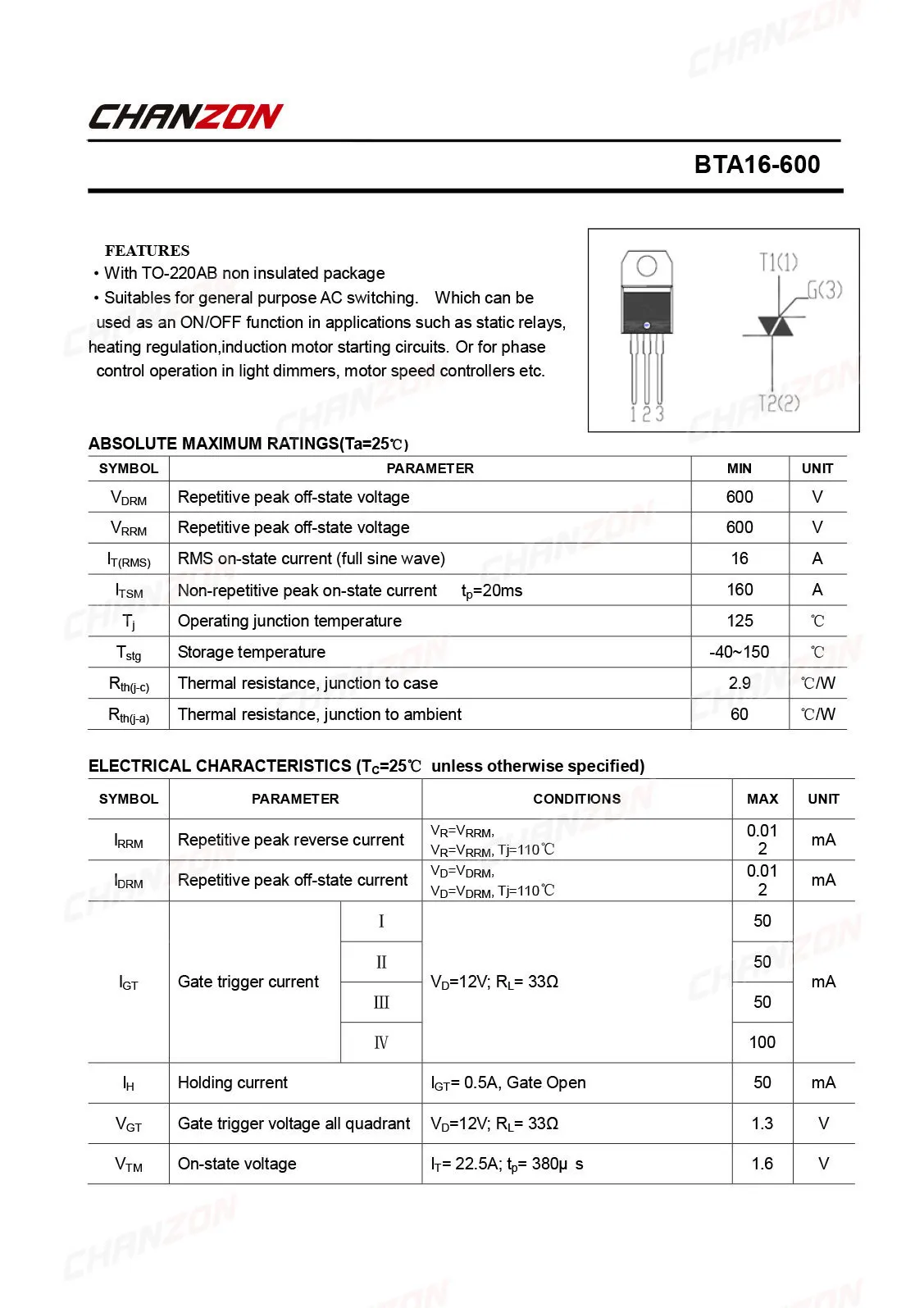 10Pcs BTA16-600 BTA16 600 TO-220 Triac SCR Transistor Bipolar Junction BJT Triode Tube Fets Thyristor DIP 16A 600V BTA16-600B