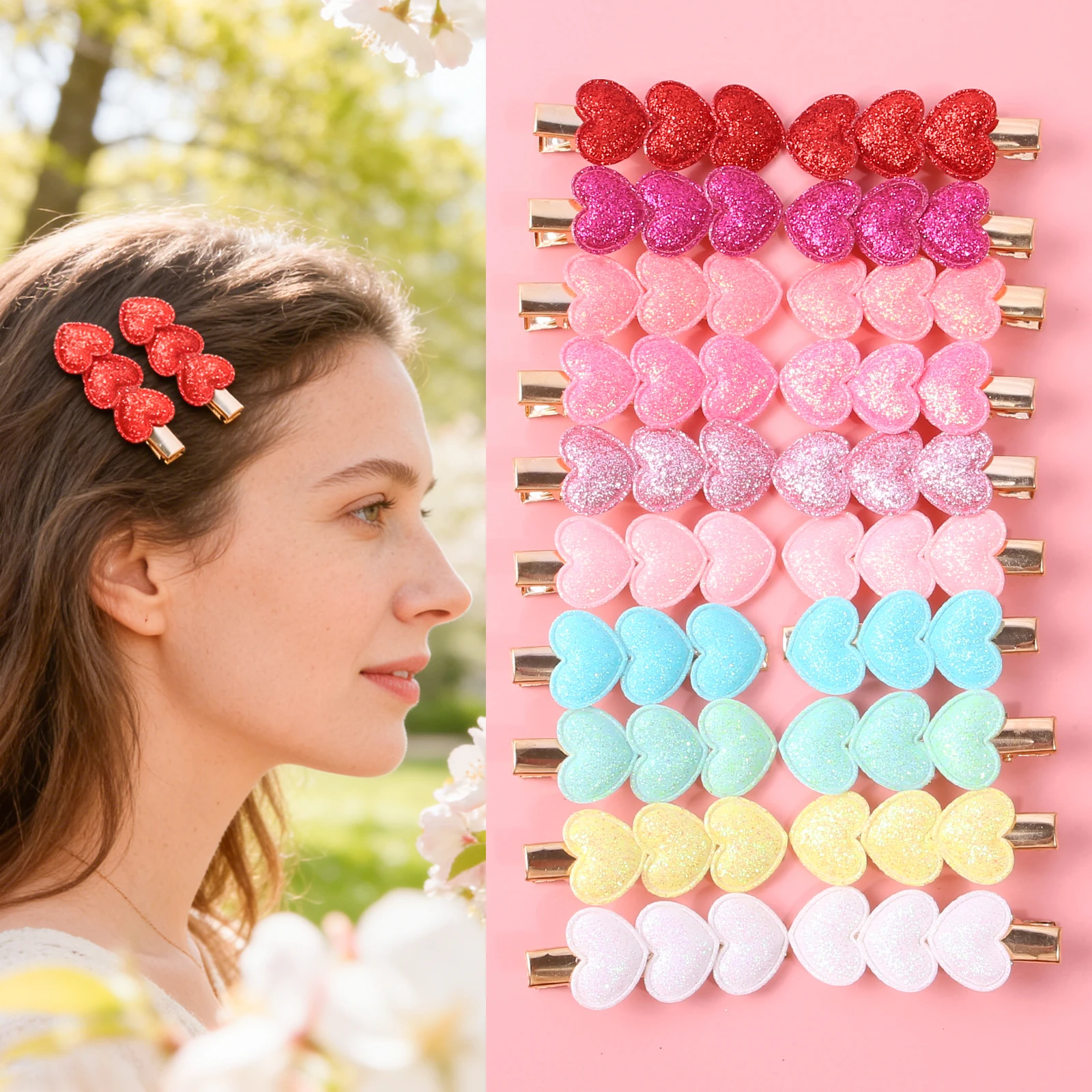 5 Gradient Heart-Shaped Glitter Hair Clips, Soft and Sweet in Multiple Colors, Suitable for Various Dressing Styles.