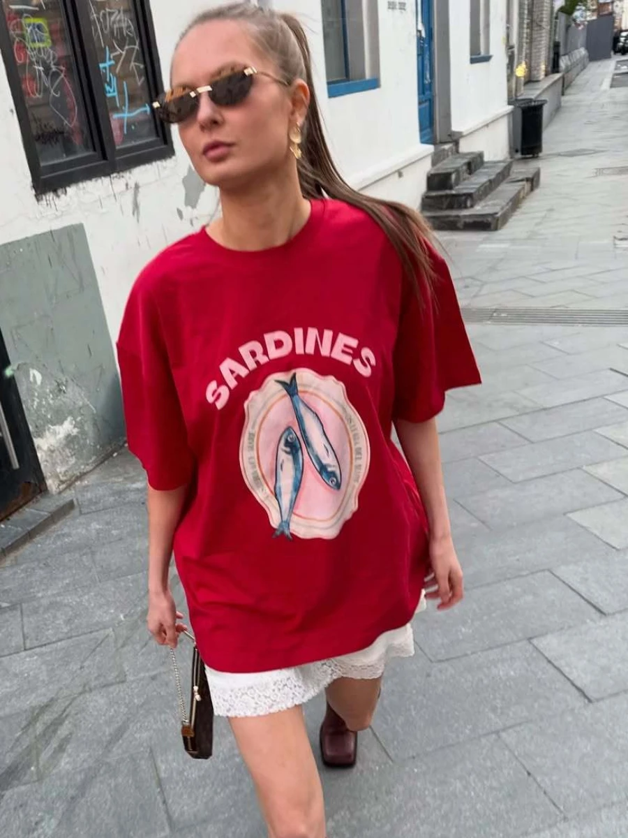 2026 Summer New Red Cotton T-Shirt Women's Retro Print Loose Fit Casual Versatile Short Sleeve Tops & Tees