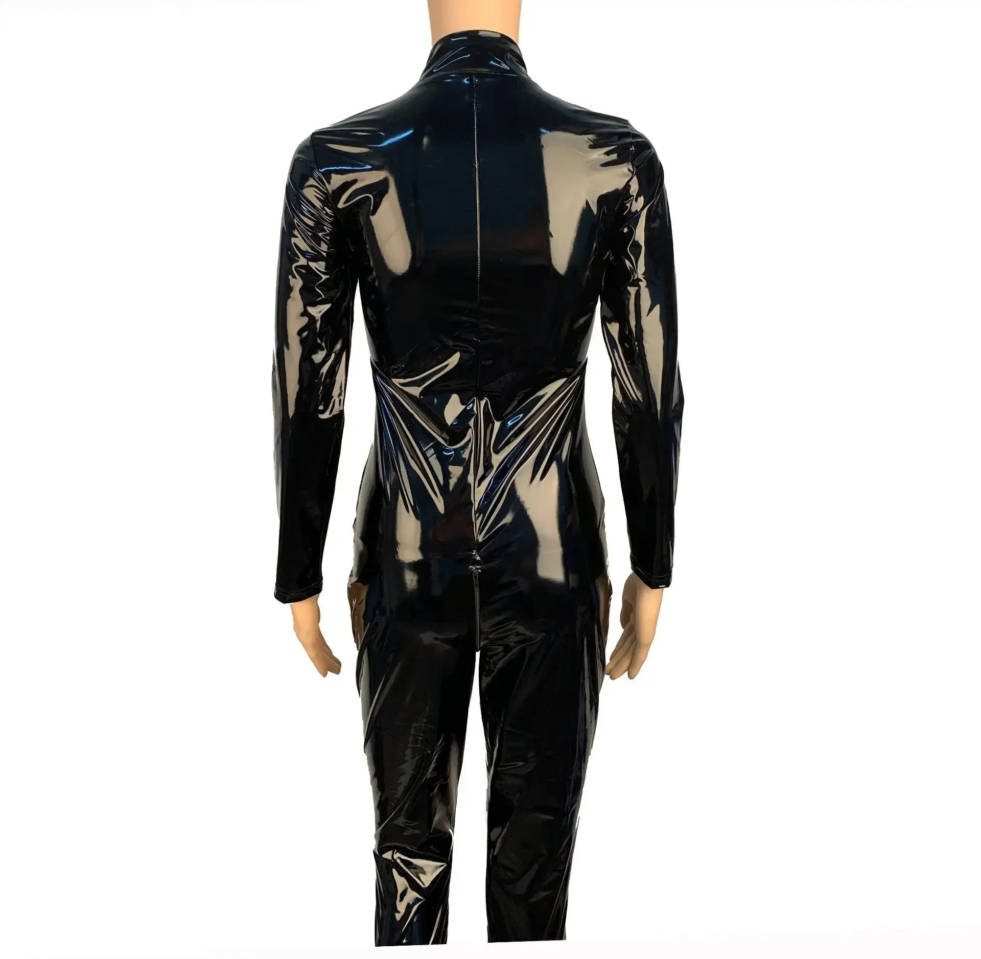 

Sexy Women's Wet Look Shiny PU Leather Jumpsuit Long Sleeve Open Crotch Zipper Bodysuit Clubwear Latex Costume Plus Size S-5XL