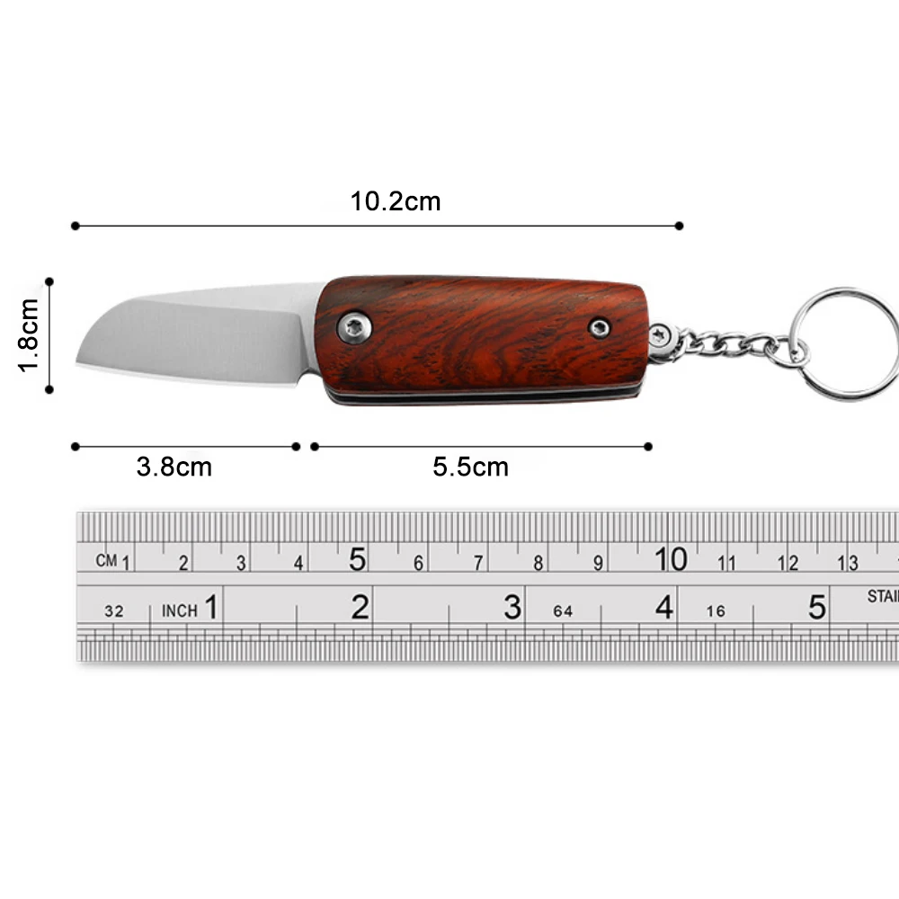 Mini D2 Keychain Folding Knife Sandalwood Handle Pocket Knife Outdoor Camping Hiking Survival Gear Portable EDC Small Cutter