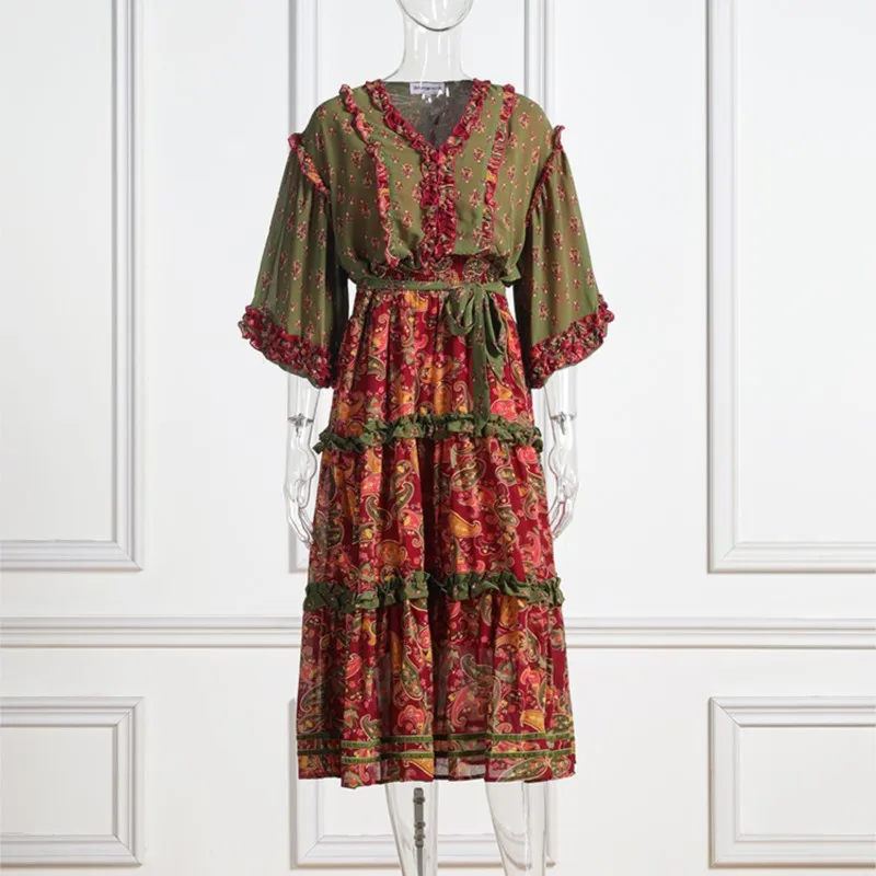 2025 vestido bohemio de verano de estilo étnico Vintage para mujer nuevo vestido largo con cuello en V y mangas de hoja de loto vestidos ajustados para vacaciones en la playa