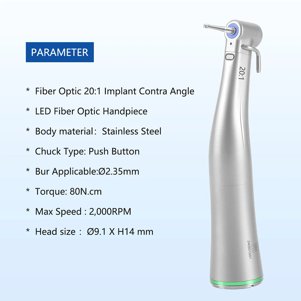 Azdent Dental 20:1 LED Low Speed Handpiece Fiber Optic Implant Reduction Contra Angle Push Putton Dentistry Instruments