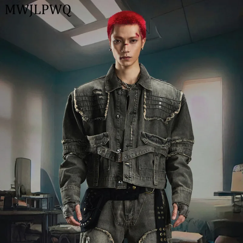 

MWJLPWQ Vintage Washed Ribbon Patchwork Denim Jacket Male High Street Stand Collar Padded Shoulder Zipper Short Casual Top 11510