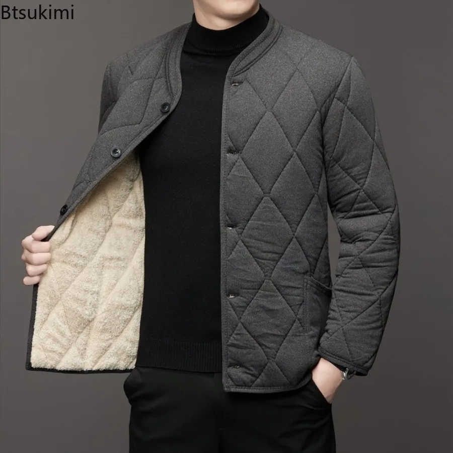 Autumn Winter Stand Collar Parka Jacket Men\'s Quilted Cotton Padded Lamb Fleece Coats Button Cardigan Thicken Warm Casual Jacket