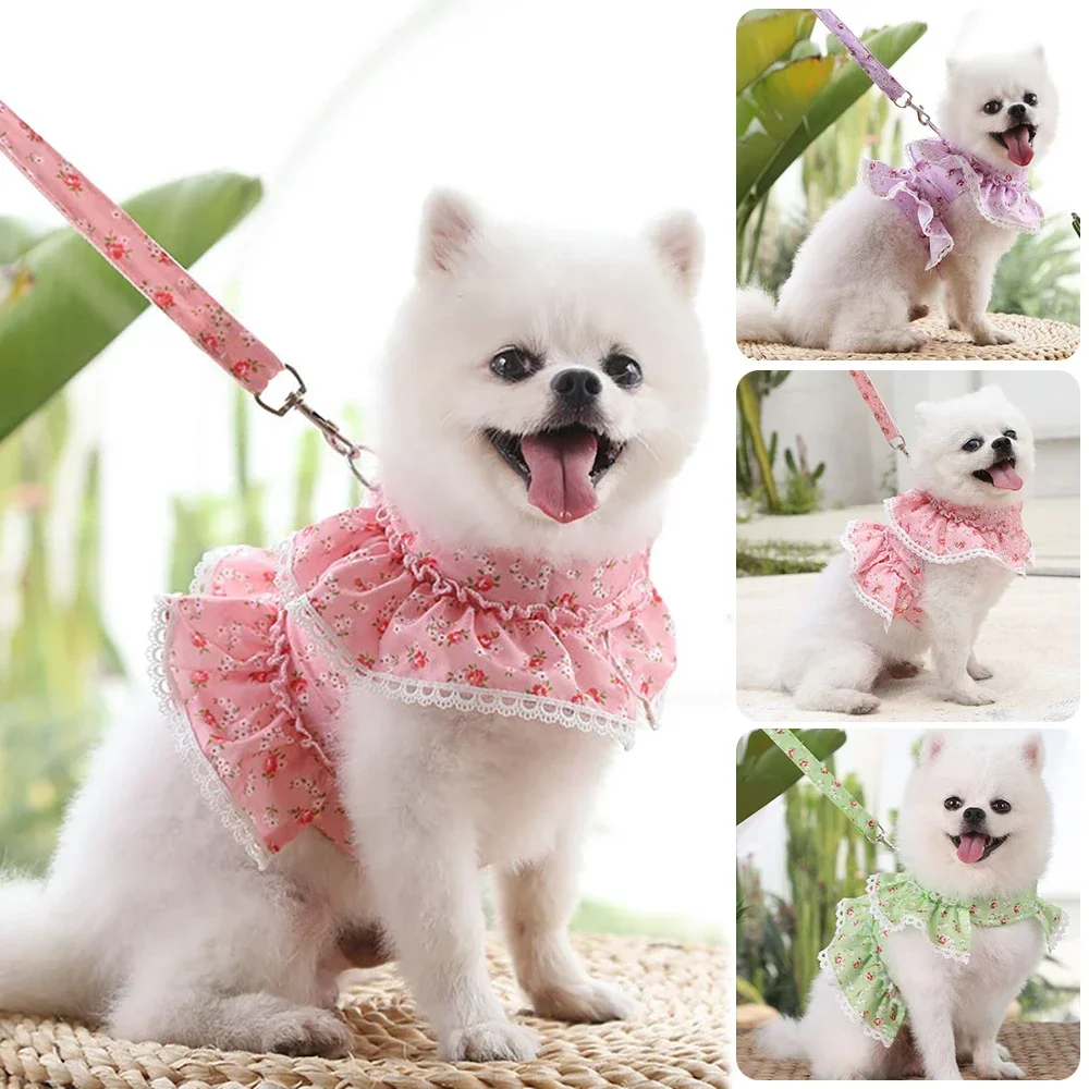 Cute Dog Harness Vest Breathable Dog Harness Sweet Clothes Leash for Dogs Cats Puppy Collar Cat Pet Dog Floral Print Chest Strap