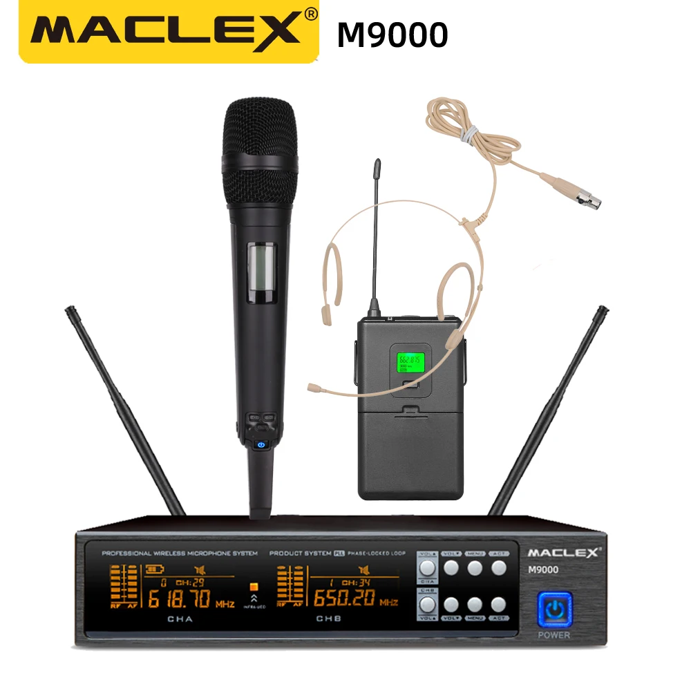 Maclex M9000 UHF bodypack Headset Dual Channel Dual Handheld Microfone profissional sem fio Sistema Stage Performance Dynamic