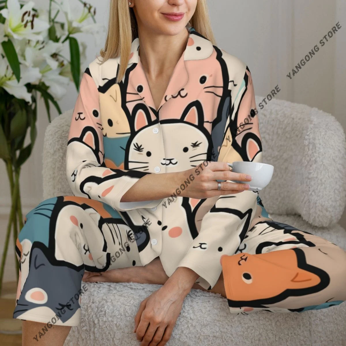

Spring and Autumn Pajama Set Women's Long Sleeve Pants Two Piece Cartoon Cat Pattern Home Furnishing Set