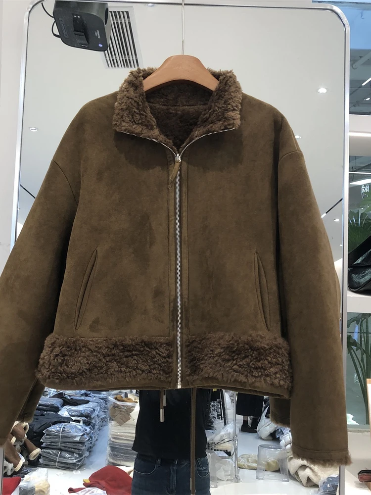 Women's Thickened Lamb Fur Jacket Winter New Style Small Size Loose Fur Leather Integrated Two-Sided Wear Trendy Outerwear