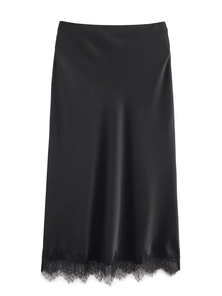 2025年秋新作 レディース おしゃれなレーストリム シルクサテン ミディスカート ハイウエスト カジュアル サイドスリット Hラインスカート