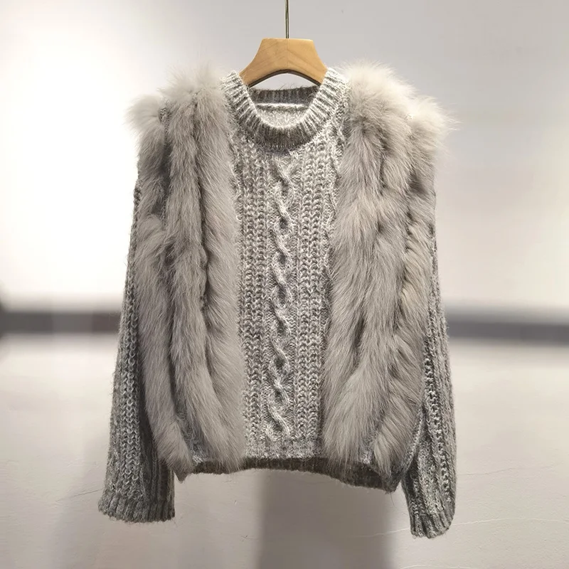 Women Winter Real Fox Fur Trim Knitted Pullover Fashion Female Autumn Long Sleeve Loose O-neck Pull Jumpers Tops