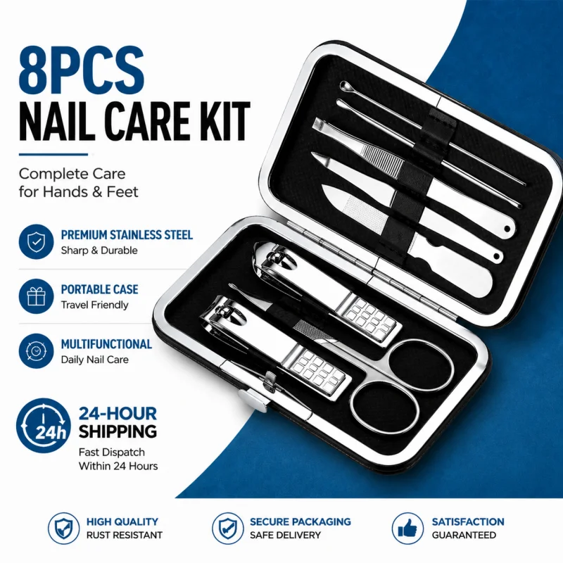Silver 8-Piece Manicure Set Portable Nail Care Grooming Kit Stainless Steel Nail Clippers Pedicure Tools Travel Case