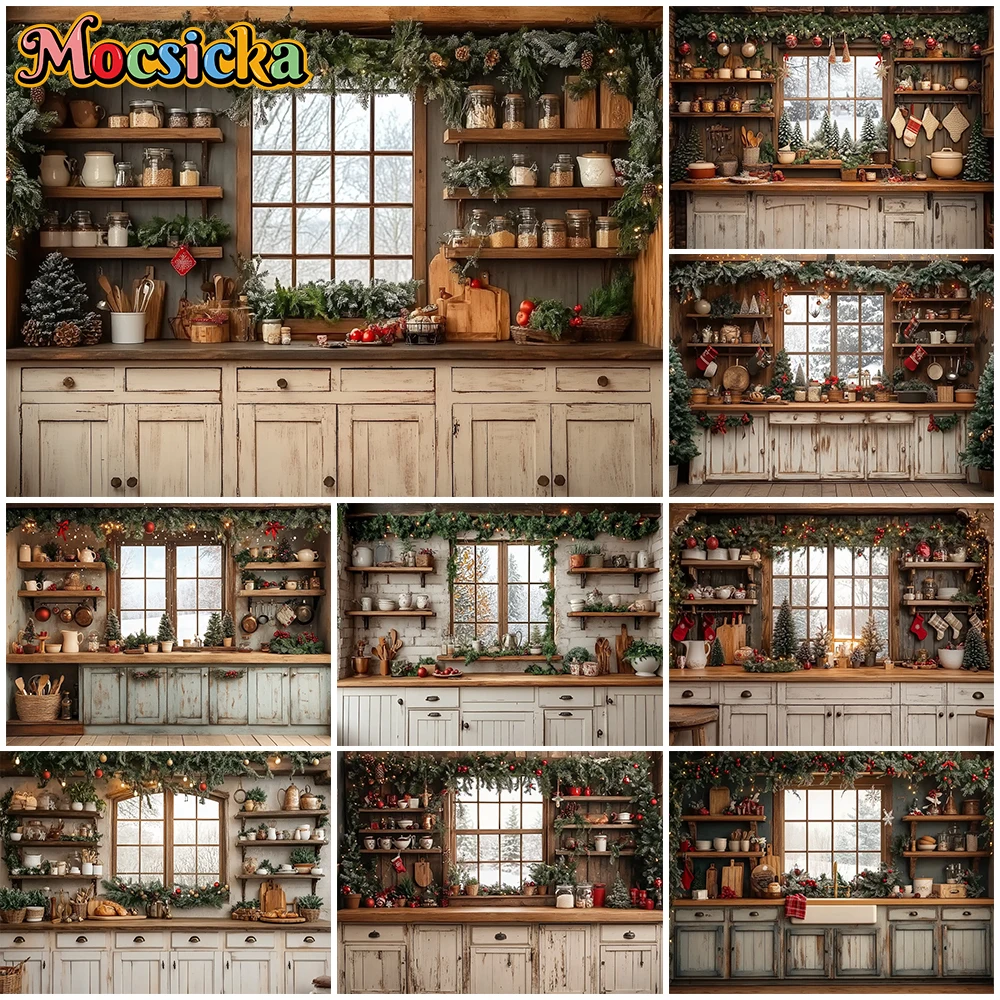 

Mocsicka Christmas Kitchen Backdrops Home New Year Party Wallpaper Window Tree Decorations Family Photography Backgrounds Banner