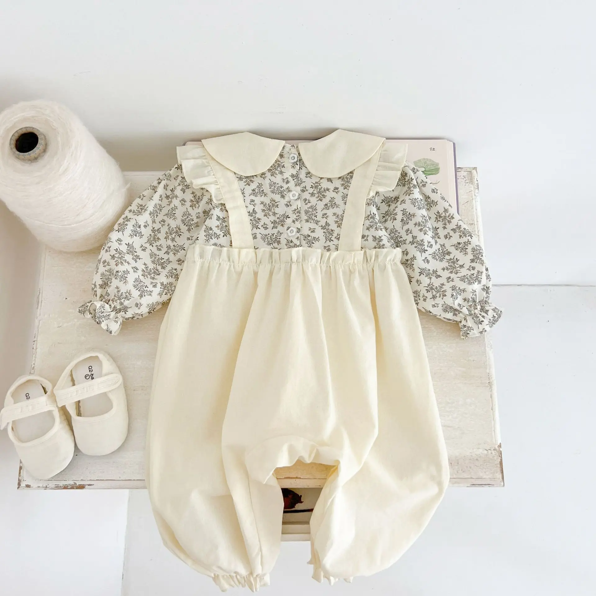 Autumn Newborn Infant Baby Girls Flower Romper Muslin Fake Two Pieces Lapel Rompers Kids One-piece Fashion Baby Clothing