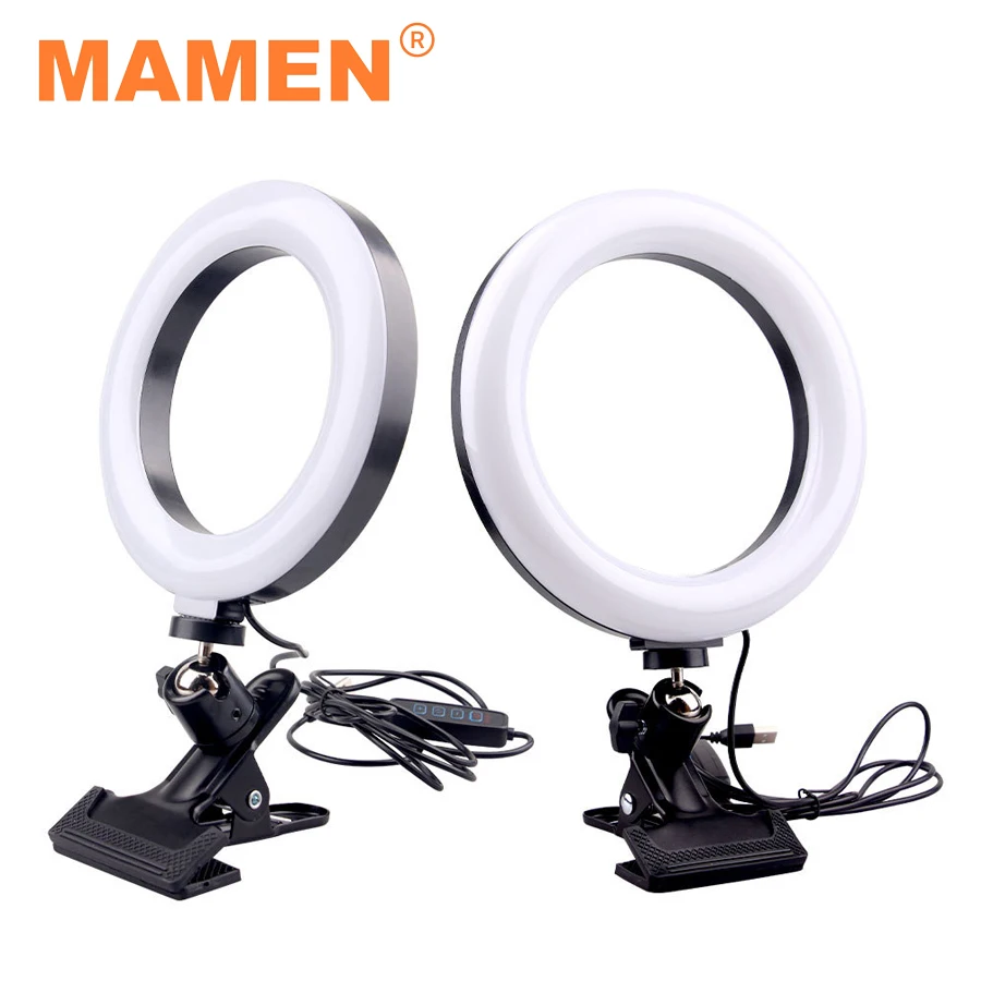 MAMEN 16cm/20cm LED Ring Light Bedside Lamp with Desktop Clip for Live Makeup Selfie Computer Working Photography Lighting