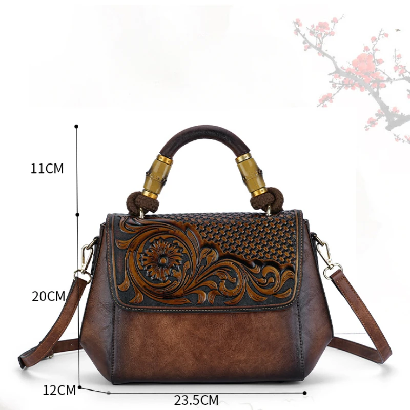 Johnature 2024 Autumn New Vintage Embossed Women Bag Versatile Leather Handbag Large Capacity Handmade Female Shoulder Bags