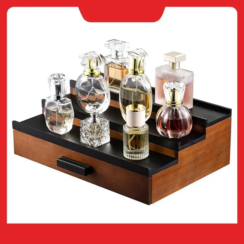 Wooden Cologne Organizer Shelf For Men Dresser, 3 Tier Display Stand With Drawer Storage Organizer Tray With Compartment