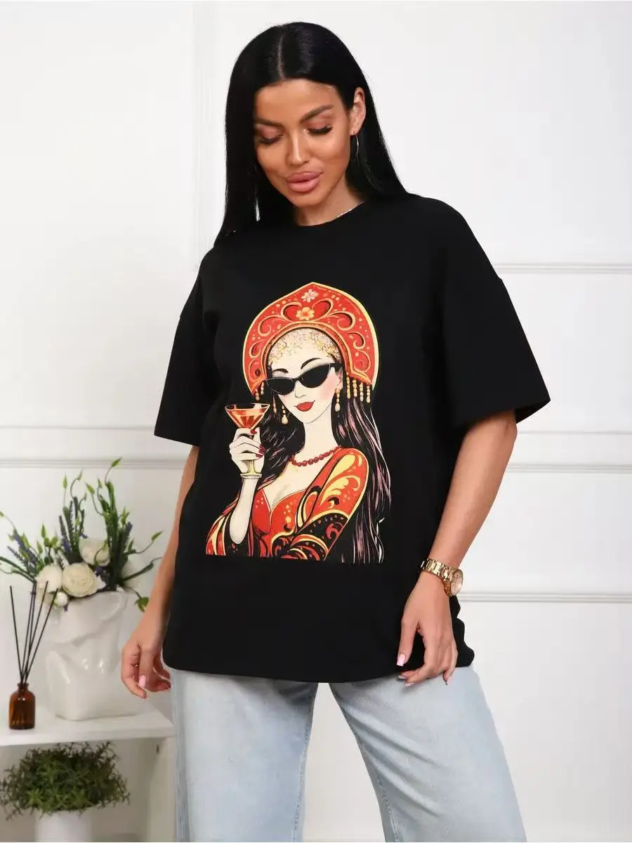 Russian Style Red Avatar Headwear Kokoshinik Print Ethnic Retro 100% Cotton High Quality T Shirts for Women Short Sleeve Casual