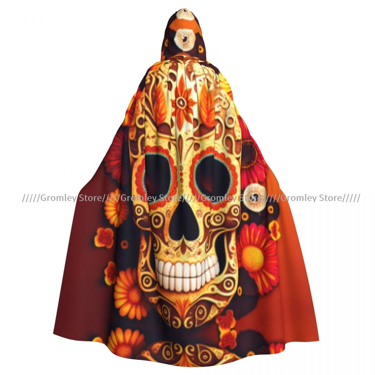 Adult Skull With Flowers For Mexican Rituals Cloak Cape Hooded Medieval Costume Witch Wicca Vampire Halloween Costume Dress Coat