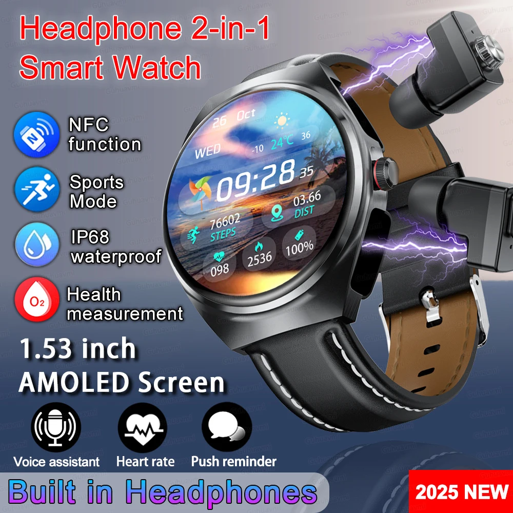 

2025 New Man Smart Watch TWS Headset Two In One Wireless Bluetooth Dual Earbuds Call Health Monitor Sport Tracker NFC Smartwatch