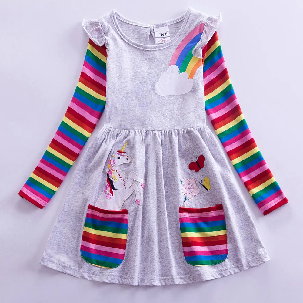 Girls\' Long Sleeve Unicorn Dress Autumn Embroidery Two Pockets Rainbow Sleeves 81035