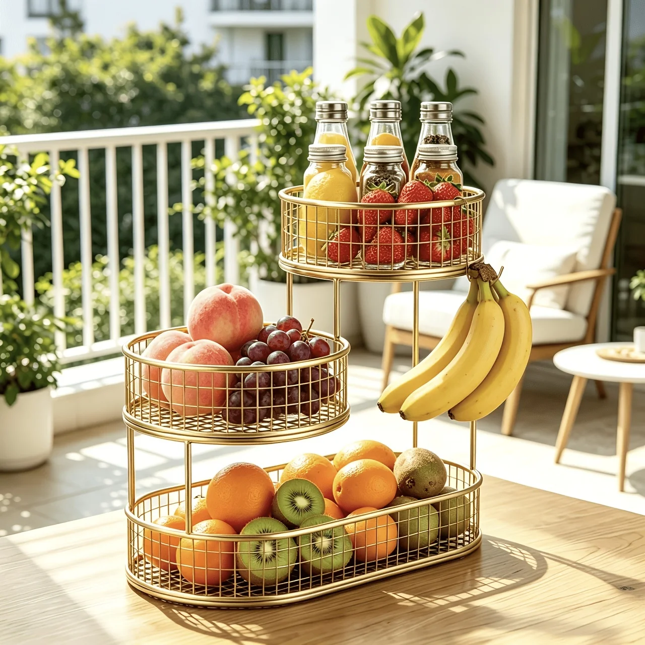 Large-capacity, three-tier black metal fruit basket for efficient kitchen organization, suitable for categorizing and storing fr